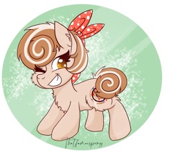 Size: 956x834 | Tagged: safe, artist:thatfamouspony, oc, oc only, oc:cinnamon spangled, earth pony, pony, abstract background, bandana, female, fluffy, grin, mare, one eye closed, smiling, solo, wink