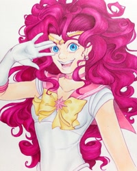 Size: 1080x1350 | Tagged: safe, artist:anabarana, pinkie pie, human, g4, bust, clothes, ear piercing, female, gloves, humanized, long gloves, open mouth, piercing, sailor moon (series), simple background, smiling, solo, traditional art, white background