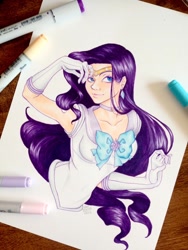 Size: 720x960 | Tagged: safe, artist:anabarana, rarity, human, g4, bust, clothes, female, gloves, humanized, long gloves, sailor moon (series), simple background, smiling, solo, traditional art, white background