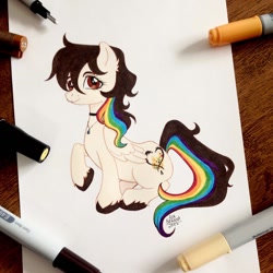 Size: 1080x1080 | Tagged: safe, artist:anabarana, oc, oc only, pegasus, pony, bust, choker, female, jewelry, mare, multicolored hair, necklace, pegasus oc, rainbow hair, signature, simple background, sitting, smiling, solo, traditional art, unshorn fetlocks, white background, wings