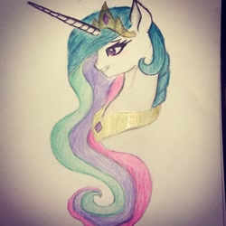 Size: 1080x1080 | Tagged: safe, artist:cats_drawings_cos, princess celestia, alicorn, pony, g4, bust, eyelashes, female, grin, horn, jewelry, mare, peytral, smiling, solo, tiara, traditional art