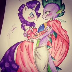 Size: 1080x1080 | Tagged: safe, alternate version, artist:cats_drawings_cos, rarity, spike, dragon, unicorn, anthro, g4, bedroom eyes, blushing, breasts, cape, clothes, colored, dress, evening gloves, female, fingerless elbow gloves, fingerless gloves, gloves, horn, long gloves, looking at each other, male, ship:sparity, shipping, signature, smiling, straight, traditional art