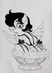 Size: 678x960 | Tagged: safe, artist:anabarana, oc, oc only, pegasus, pony, bust, eyelashes, eyes on the prize, female, food, ice cream, inktober 2017, licking, licking lips, mare, monochrome, pegasus oc, smiling, solo, spread wings, tongue out, wings