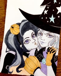 Size: 1080x1350 | Tagged: safe, artist:anabarana, starlight glimmer, trixie, human, g4, bust, clothes, costume, duo, eyelashes, female, gloves, hat, holding hands, hug, humanized, inktober 2017, lesbian, pumpkin, ship:startrix, shipping, traditional art, witch hat
