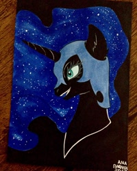 Size: 1080x1350 | Tagged: safe, artist:anabarana, nightmare moon, alicorn, pony, g4, bust, ethereal mane, female, grin, helmet, horn, inktober 2017, mare, signature, smiling, solo, starry mane, traditional art