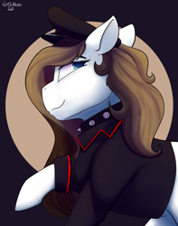 Size: 1821x2314 | Tagged: safe, artist:flashnoteart, oc, oc only, oc:chocolate fudge, pony, bust, clothes, collar, colored, commission, female, hat, looking back, portrait, simple background, solo, uniform