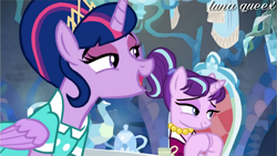 Size: 1920x1080 | Tagged: safe, artist:luna.queex, edit, edited screencap, screencap, starlight glimmer, stepford ponies, twilight sparkle, alicorn, pony, unicorn, g4, what lies beneath, alternate hairstyle, bedroom eyes, chair, clothes, cup, dress, eyelashes, female, hooves together, horn, indoors, jewelry, mare, necklace, open mouth, pearl necklace, signature, smiling, teacup, teapot, tiara, twilight sparkle (alicorn), wings
