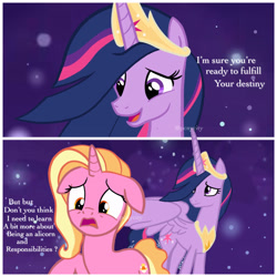 Size: 3264x3264 | Tagged: safe, artist:pcnycity3, luster dawn, twilight sparkle, alicorn, pony, unicorn, g4, the last problem, ascension realm, base used, crown, duo, female, floppy ears, high res, jewelry, older, older twilight, older twilight sparkle (alicorn), open mouth, princess celestia's special princess making dimension, princess twilight 2.0, regalia, twilight sparkle (alicorn)