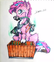 Size: 2780x3202 | Tagged: safe, artist:creature.exist, pinkie pie, earth pony, pony, g4, bottle, box, chemistry, chempunk, drink, equipment, fluffy, high res, hooves, league of legends, mask, sitting, solo, steampunk, technology, traditional art, zaun