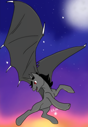 Size: 748x1080 | Tagged: safe, artist:aryasakurada, oc, oc only, alicorn, bat pony, bat pony alicorn, pony, bat wings, flying, horn, looking back, night, open mouth, outdoors, solo, wings