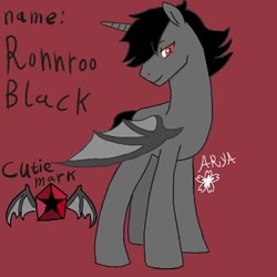 Size: 342x342 | Tagged: safe, artist:aryasakurada, oc, oc only, alicorn, bat pony, bat pony alicorn, pony, bat pony oc, bat wings, horn, looking back, male, red background, reference sheet, signature, simple background, smiling, solo, stallion, wings