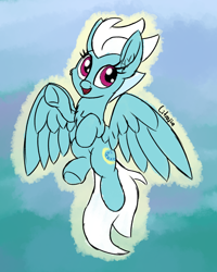 Size: 1200x1500 | Tagged: safe, artist:litrojia, fleetfoot, pegasus, pony, g4, abstract background, cute, diafleetes, female, looking at you, mare, open mouth, sketchy, smiling, smiling at you, solo, spread wings, underhoof