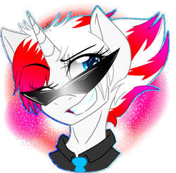 Size: 1628x1600 | Tagged: safe, artist:juliet-gwolf18, oc, oc only, pony, unicorn, bust, clothes, eyelashes, female, grin, horn, mare, necktie, simple background, smiling, solo, sunglasses, transparent background, unicorn oc