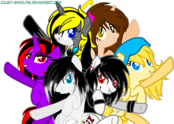 Size: 1227x875 | Tagged: safe, artist:juliet-gwolf18, oc, oc only, oc:juliet, alicorn, earth pony, pegasus, pony, alicorn oc, base used, beanie, bedroom eyes, clothes, devil horns, earth pony oc, eyelashes, female, grin, group, hat, horn, male, mare, pegasus oc, simple background, smiling, stallion, transparent background, underhoof, wings