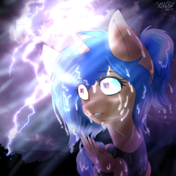 Size: 1200x1200 | Tagged: safe, artist:juliet-gwolf18, oc, oc only, oc:sketchy, alicorn, pony, alicorn oc, clothes, cloud, eyelashes, female, horn, lightning, looking back, mare, outdoors, scared, sweat, wide eyes, wings