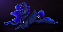 Size: 3603x1863 | Tagged: safe, artist:miokomata, princess luna, alicorn, pony, g4, crossed hooves, female, freckles, lying down, mare, prone, solo