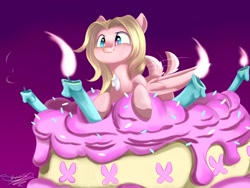 Size: 1600x1200 | Tagged: safe, artist:sketchiix3, oc, oc only, oc:mio, pegasus, pony, birthday, birthday cake, cake, cute, cute little fangs, deer tail, fangs, female, food, freckles, mare, ponies in food, solo, tail wag, wing freckles