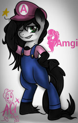 Size: 606x960 | Tagged: safe, artist:amgiwolf, oc, oc only, oc:amgi, earth pony, semi-anthro, arm hooves, clothes, coat markings, cosplay, costume, earth pony oc, female, grin, hat, male, mario, one eye closed, overalls, signature, smiling, socks (coat markings), solo, super mario bros., wink