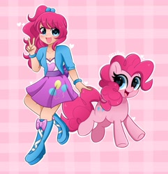 Size: 3945x4096 | Tagged: safe, artist:kittyrosie, pinkie pie, earth pony, pony, equestria girls, alternate hairstyle, blushing, bracelet, breasts, cleavage, clothes, cute, diapinkes, heart eyes, human coloration, human ponidox, jewelry, open mouth, peace sign, self ponidox, shoes, wingding eyes