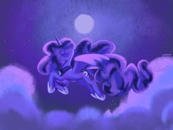 Size: 2048x1536 | Tagged: safe, artist:cherrnichka, princess luna, alicorn, pony, g4, cloud, eyes closed, female, flying, full moon, mare, moon, night, profile, sky, smiling, solo, spread wings, wings