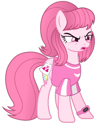 Size: 964x1227 | Tagged: safe, artist:muhammad yunus, oc, oc only, oc:annisa trihapsari, earth pony, pony, g4, alternate hairstyle, angry, base used, clothes, female, heart, mare, open mouth, pink body, pink hair, simple background, solo, suspicious, transparent background, unamused, vector, watch