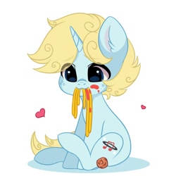 Size: 1080x1080 | Tagged: safe, artist:yomechka, oc, oc only, pony, unicorn, animated at source, commission, food, freckles, heart, mouth hold, pasta, solo, spaghetti, tail wag, ych result