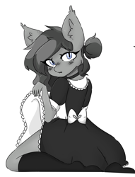 Size: 2270x2966 | Tagged: safe, artist:chewybun, oc, oc:crescent, bat pony, anthro, blushing, clothes, commission, high res, looking at you, maid, skirt, skirt lift, socks, stocking feet, ych result