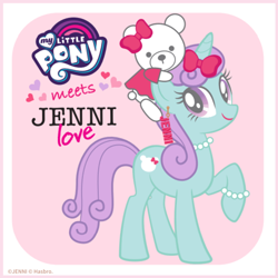 Size: 720x720 | Tagged: safe, oc, oc only, oc:jenni, oc:jenni love, pony, unicorn, g4, official, bow, bracelet, collaboration, female, green coat, hair bow, jenni love, jennico, jewelry, logo, mare, mascot, my little pony logo, necklace, pearl necklace, plushie, purple eyes, purple hair, solo, teddy bear