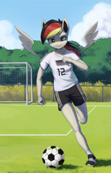 Size: 1900x2974 | Tagged: safe, artist:mrscroup, oc, oc only, oc:anja snow, pegasus, anthro, plantigrade anthro, clothes, cloud, commission, confident, female, football, german dash, germany, high res, not rainbow dash, outdoors, pegasus oc, running, shirt, shoes, shorts, smiling, sneakers, soccer field, solo, sports, sports shorts, t-shirt, tree, uniform, wings