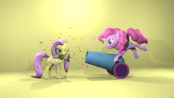 Size: 1920x1080 | Tagged: safe, artist:redarrow2, fluttershy, pinkie pie, pony, g4, 3d, one eye closed, party cannon, smiling