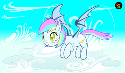 Size: 5100x3000 | Tagged: safe, artist:kyoshyu, oc, oc only, oc:eclaircie clearing, bat pony, pony, cloud, female, flying, high res, mare, solo