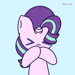 Size: 720x720 | Tagged: safe, artist:starflashing twinkle, starlight glimmer, pony, unicorn, g4, :3, animated, blowing a kiss, blue background, chinese, cute, daaaaaaaaaaaw, female, frame by frame, glimmerbetes, heart, mare, simple background, solo