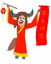 Size: 1280x1600 | Tagged: safe, artist:horsesplease, yona, yak, anthro, unguligrade anthro, g4, bipedal, chinese, chinese new year, clothes, doodle, lantern, red, robe, year of the ox