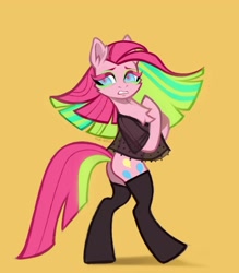 Size: 3500x4000 | Tagged: safe, artist:rrd-artist, pinkie pie, earth pony, pony, g4, bipedal, chest fluff, clothes, looking at you, pinkamena diane pie, sad, see-through, shirt, stockings, thigh highs