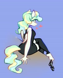 Size: 3000x3716 | Tagged: safe, artist:rrd-artist, vapor trail, pegasus, anthro, plantigrade anthro, g4, barefoot, black dress, blushing, clothes, dress, feet, heart, high heels, high res, leg warmers, little black dress, looking at you, looking back, shoes, smiling, solo, sparkles