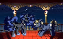 Size: 4096x2547 | Tagged: safe, artist:rrd-artist, princess luna, oc, alicorn, pony, unicorn, g4, chest fluff, crescent moon, ethereal mane, looking at each other, moon, night, sky, smiling, starry mane, stars