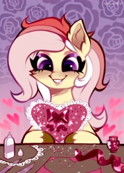 Size: 2500x3500 | Tagged: safe, artist:rrd-artist, oc, oc only, earth pony, pony, blushing, bow, ear fluff, glitter, happy, heart, high res, holiday, not fluttershy, purple eyes, ribbon, smiling, solo, sparkles, valentine, valentine's day