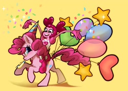 Size: 3500x2500 | Tagged: safe, artist:rrd-artist, pinkie pie, earth pony, gem (race), pony, g4, spoiler:steven universe: the movie, balloon, chest fluff, confetti, crossover, default spinel, duo, duo female, female, gem, high res, mare, party horn, riding, smiling, solo, sparkles, spinel, spinel (steven universe), spoilers for another series, steven universe, steven universe: the movie