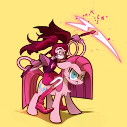 Size: 2500x2500 | Tagged: safe, artist:rrd-artist, pinkie pie, earth pony, gem (race), pony, g4, spoiler:steven universe, angry, crossover, duo, duo female, female, gem, gem rejuvenator, grin, high res, looking at you, mare, pinkamena diane pie, riding, smiling, spinel, spinel (steven universe), spoilers for another series, steven universe, steven universe: the movie, weapon