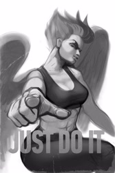 Size: 2000x3000 | Tagged: safe, artist:rrd-artist, spitfire, human, g4, breasts, busty spitfire, clothes, fitfire, high res, humanized, just do it, looking at you, muscles, pants, pointing, sketch, solo, tank top, winged humanization, wings