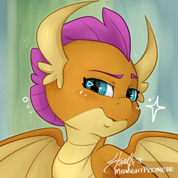 Size: 1400x1400 | Tagged: safe, artist:midnightpremiere, smolder, dragon, g4, school daze, bust, dragoness, female, looking at you, signature, smiling, solo, sparkles, spread wings, squint, wings