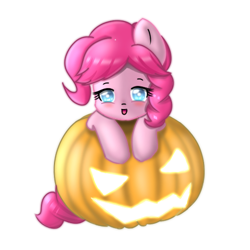Size: 500x500 | Tagged: artist needed, source needed, safe, pinkie pie, earth pony, pony, g4, blushing, halloween, holiday, jack-o-lantern, pumpkin, simple background, solo, white background