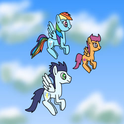 Size: 1280x1280 | Tagged: safe, artist:platinumdrop, rainbow dash, scootaloo, soarin', pegasus, pony, g4, cloud, female, filly, flying, male, mare, old cutie mark, request, scootaloo can fly, scootalove, ship:soarindash, shipping, sky, stallion, straight