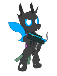 Size: 3072x4096 | Tagged: safe, alternate version, artist:theunidentifiedchangeling, oc, oc only, oc:[unidentified], changeling, bipedal, digital art, discussion in the comments, fangs, gun, holding, horn, looking at you, male, simple background, solo, transparent background, weapon, wings