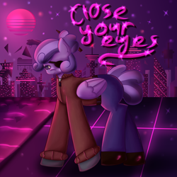 Size: 3000x3000 | Tagged: safe, artist:menalia, oc, oc only, oc:shiru, pegasus, pony, aesthetics, aftermath, belt, city, clothes, eyepatch, female, gloves, high res, jacket, jeans, mare, neon, night, pants, shirt, shoes, solo, stars, sun, synthwave, synthwave grid, t-shirt, tired, water, wings