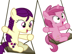 Size: 2048x1536 | Tagged: safe, artist:superiorwarrior, boysenberry, ruby pinch, earth pony, pony, unicorn, g4, duo, excited, female, filly, happy, simple background, swing, swing set, swinging, transparent background, triple berry, vector