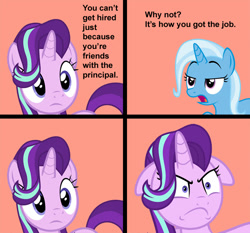 Size: 750x700 | Tagged: safe, starlight glimmer, trixie, pony, unicorn, a horse shoe-in, g4, my little pony: friendship is magic, angry, comic, duo, exploitable meme, female, floppy ears, inconvenient trixie, jerkass has a point, mare, meme, npc meme, ponified meme, simple background, this will end in equalization, this will end in gulag