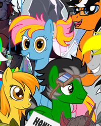 Size: 889x1109 | Tagged: safe, artist:melisareb, artist:rainbowšpekgs, edit, oc, oc:ever harmon, oc:silver patch, oc:trip away, earth pony, pegasus, pony, unicorn, 2021 community collab, derpibooru community collaboration, collaboration, offscreen character