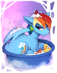 Size: 2240x2862 | Tagged: safe, artist:yakovlev-vad, rainbow dash, pegasus, pony, abstract background, angry, bath, bubble bath, cute, dashabetes, female, frown, mare, rainbow dash is not amused, rubber duck, solo, unamused, water, wet, wet mane
