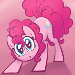Size: 2048x2048 | Tagged: safe, artist:pfeffaroo, pinkie pie, earth pony, pony, g4, curious, cute, diapinkes, face down ass up, female, full face view, gradient background, head tilt, high res, looking at you, mare, open mouth, solo, standing, wide eyes